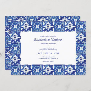 Invitation Mariage moderne Carrelage bleu & blanc méditerrané
