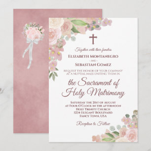 Invitation Mariage moderne catholique avec code QR et fleurs