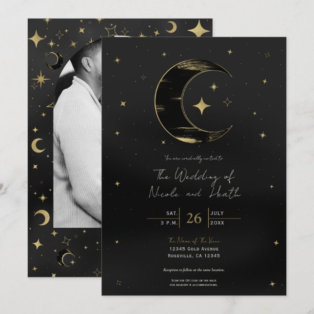 Invitation Mariage Moderne Céleste Lune Étoiles Noir & Or (Devant / Derrière)