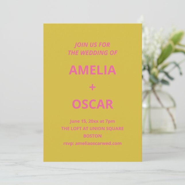 Invitation Mariage Moderne Chartreuse Rose Jaune Gras (Debout devant)
