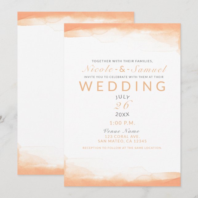 Invitation Mariage Moderne Chic Aquarelle Corail Orange (Devant / Derrière)