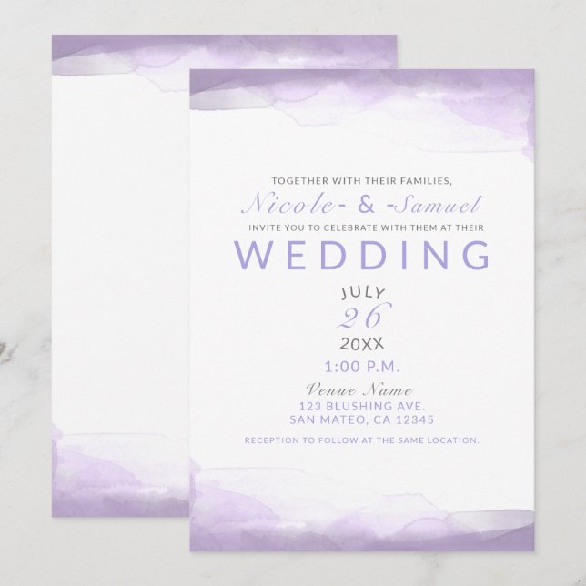 Invitation Mariage Moderne Chic Aquarelle Lavande Violet (Devant / Derrière)