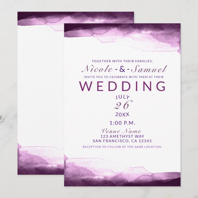 Invitation Mariage Moderne Chic Aquarelle Pourpre de Mûre de  (Devant / Derrière)