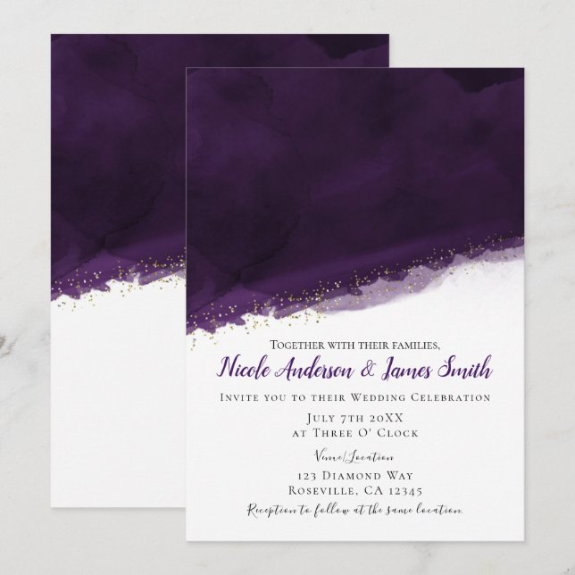 Invitation Mariage Moderne Chic Aquarelle Pourpre et Or (Devant / Derrière)