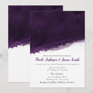 Invitation Mariage Moderne Chic Aquarelle Pourpre et Or