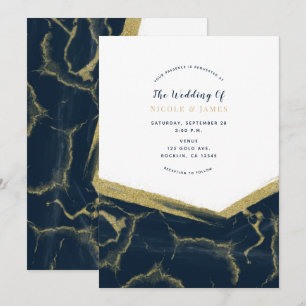 Invitation Mariage Moderne Chic avec Marbre Bleu Foncé et Or
