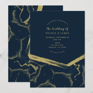 Invitation Mariage Moderne Chic avec Marbre Bleu Nuit et Or
