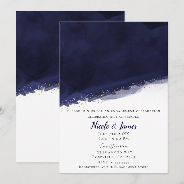 Invitation Mariage Moderne Chic Bleu Nuit Aquarelle Et Or (Devant / Derrière)