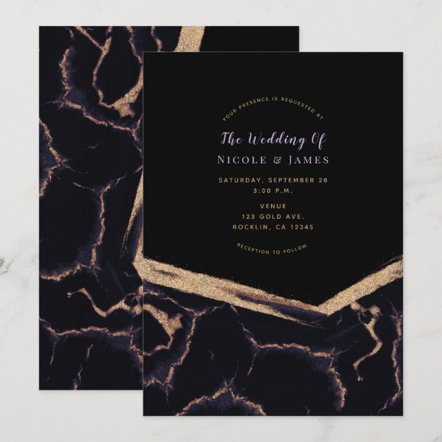 Invitation Mariage Moderne Chic Marbre Noir Violet & Or (Devant / Derrière)