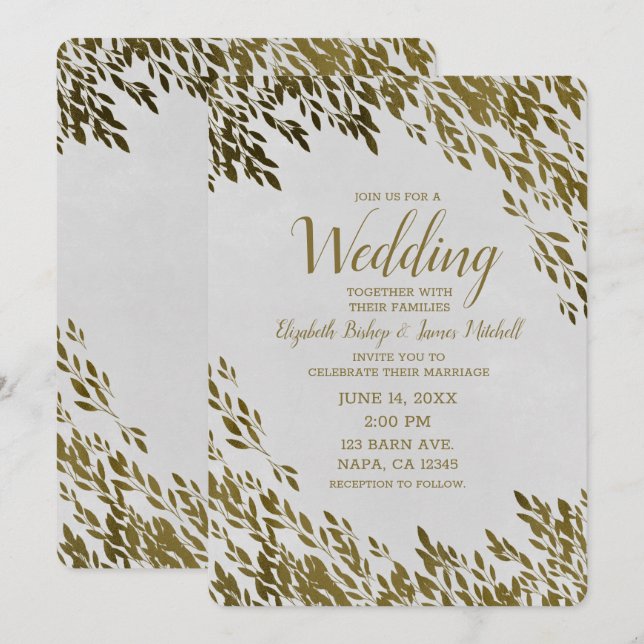 Invitation Mariage Moderne Chic Rustique Feuilles Blanches et (Devant / Derrière)