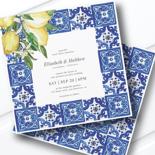 Invitation Mariage moderne citron feuillage bleu méditerranée (Créateur téléchargé)