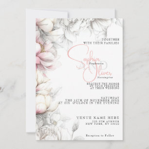 Invitation Mariage Moderne Classique Floral Ivoire et Rose