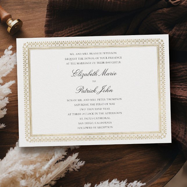 Invitation Mariage Moderne Classique Formel Ivoire Lys Doré (formal traditional wedding invitation modern classic gold ivory deco ballroom horizontal)