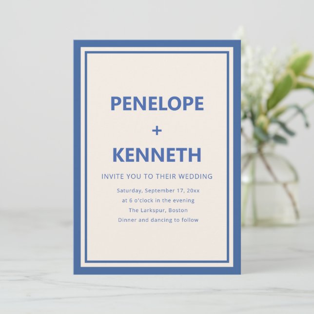Invitation Mariage Moderne Classique Simple avec Bordure Bleu (Debout devant)