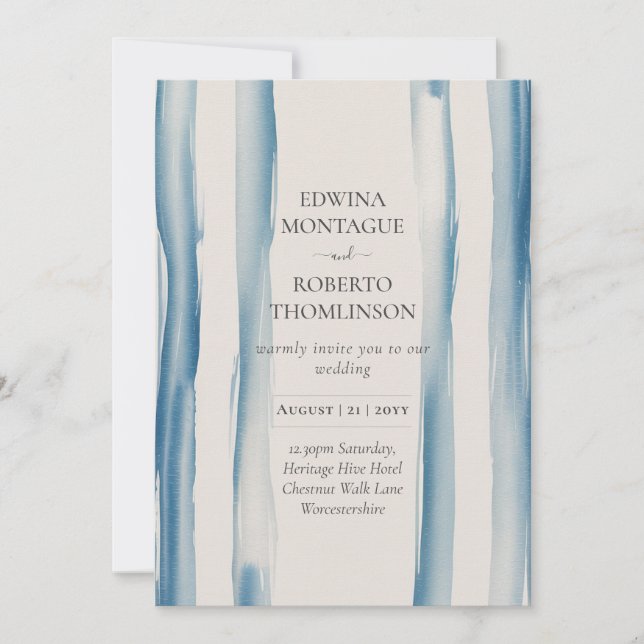 Invitation Mariage Moderne Coastal Heritage Blue Brushstroke (Devant)