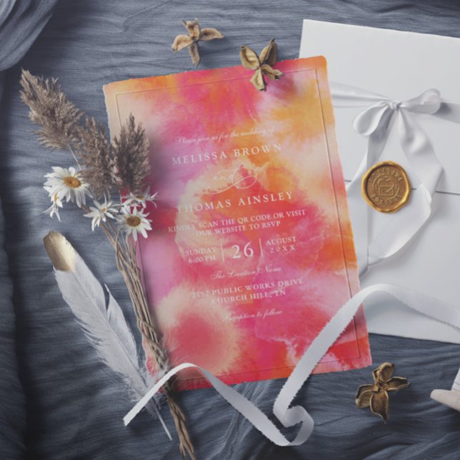 Invitation Mariage moderne code QR aquarelle rose orange chau (Créateur téléchargé)