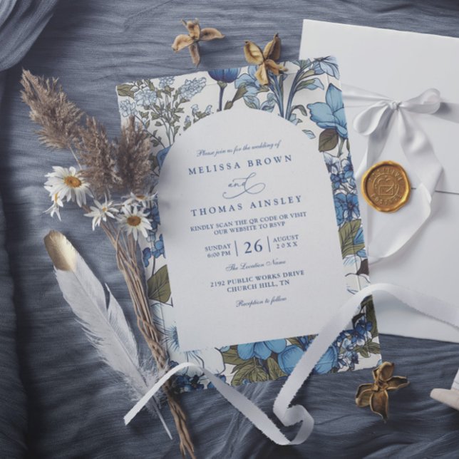Invitation Mariage Moderne Code QR Fleurs Sauvages Bleu Perve (Créateur téléchargé)