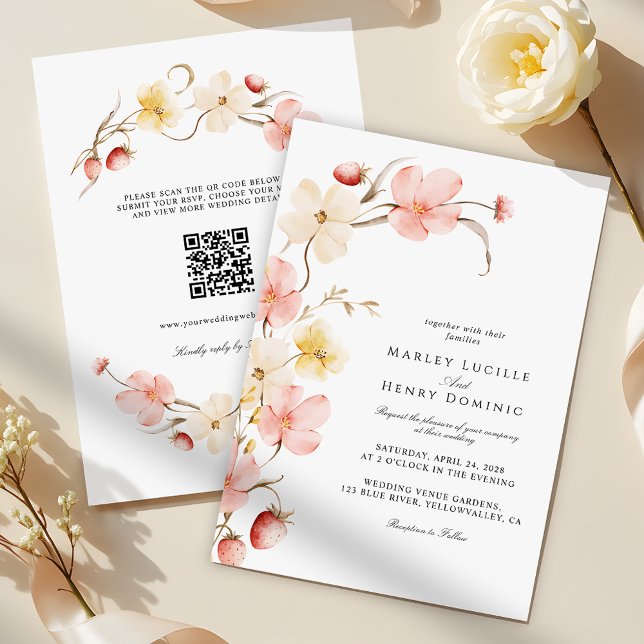 Invitation Mariage Moderne Code QR Floral Coup de Foudre Tout (Créateur téléchargé)