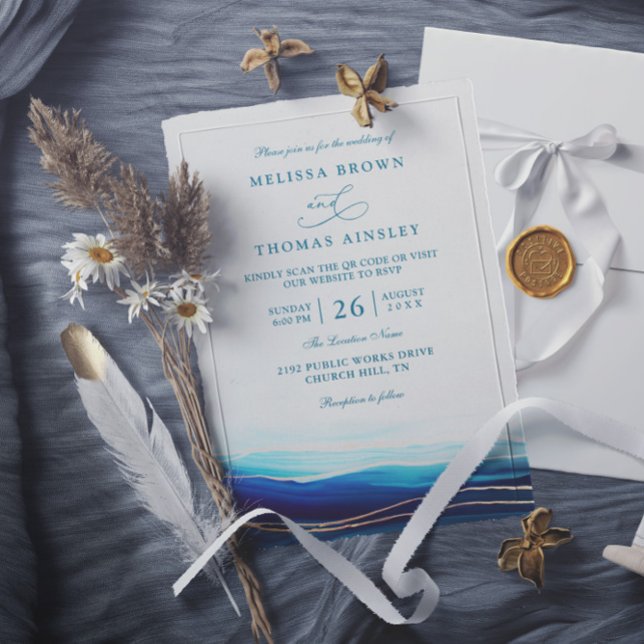 Invitation Mariage Moderne Code QR Océan Or Bleu Marine (Créateur téléchargé)