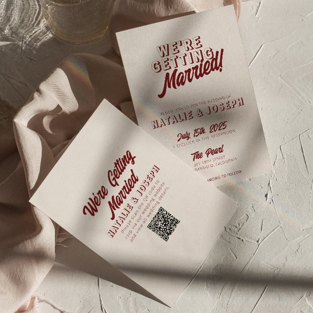 Invitation Mariage moderne code QR rétro gras rouge profond u (Créateur téléchargé)