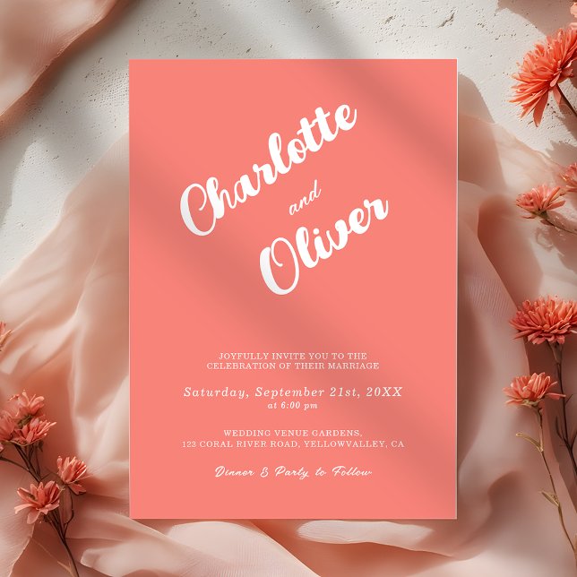 Invitation Mariage moderne corail union écriture rose (Créateur téléchargé)