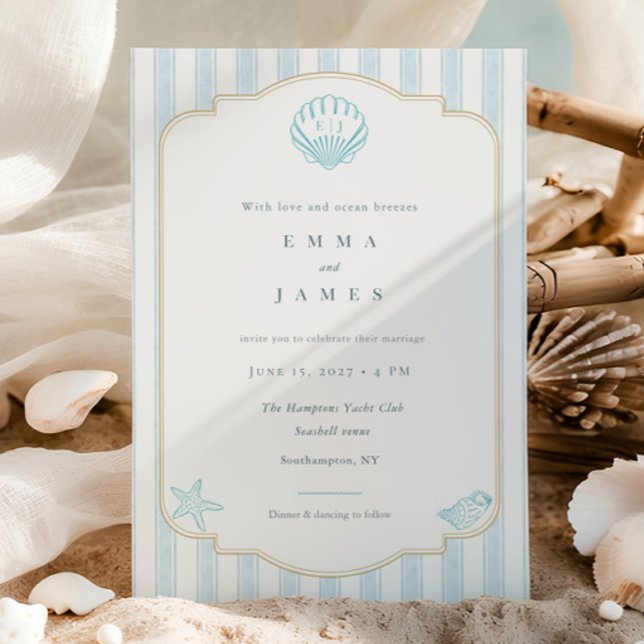 Invitation Mariage moderne côtier aux coquillages et rayures  (Créateur téléchargé)