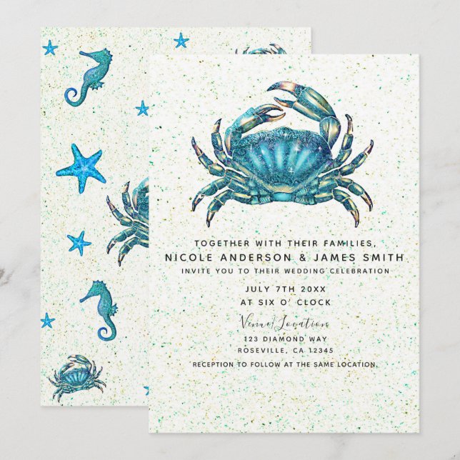 Invitation Mariage Moderne Crabe Bleu de Plage Étoile de Mer  (Devant / Derrière)
