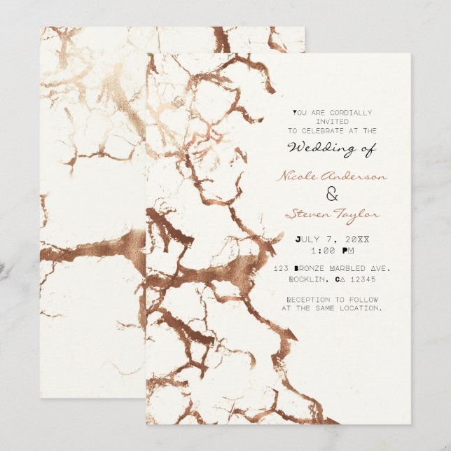 Invitation Mariage Moderne Crème d'Ivoire Bronze Rouille Marb (Devant / Derrière)
