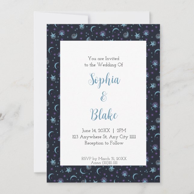 Invitation Mariage Moderne Croissant de Lune et Étoiles (Devant)