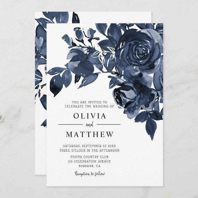 Invitation Mariage moderne de bouquet floral bleu d'encre noi (Devant / Derrière)