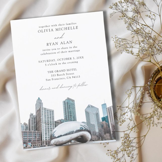 Invitation Mariage moderne de Chicago Skyline noir et blanc (Modern Chicago Wedding Skyline Black & White Invitation
)