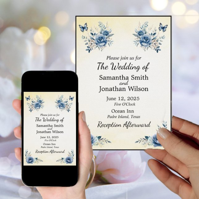 Invitation Mariage moderne de fleurs bleues et papillons (Créateur téléchargé)