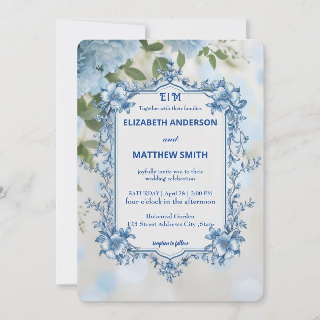 Invitation Mariage moderne de fleurs de carreaux blanc et bla (Devant)