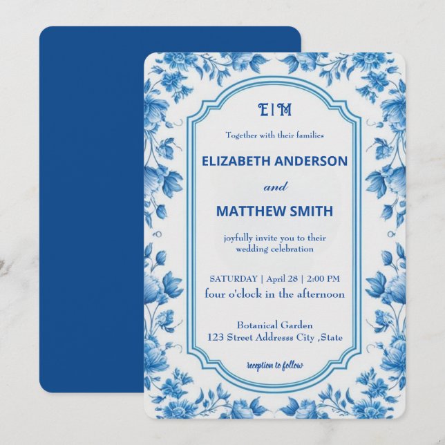 Invitation Mariage moderne de fleurs de carreaux blanc et bla (Devant / Derrière)