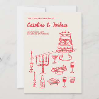 Invitation Mariage moderne de gâteau rouge quirky tiré à main