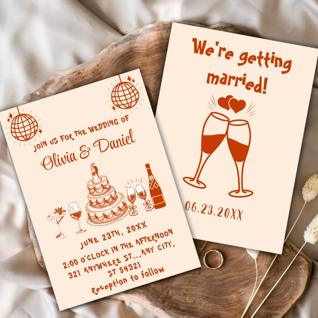 Invitation Mariage moderne de gâteau rouge tiré à main rétro (Créateur téléchargé)