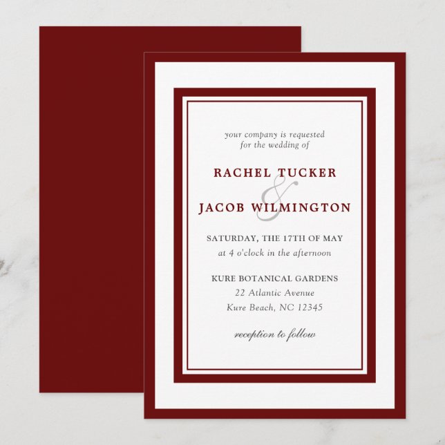 Invitation Mariage moderne de la frontière rouge foncé (Devant / Derrière)