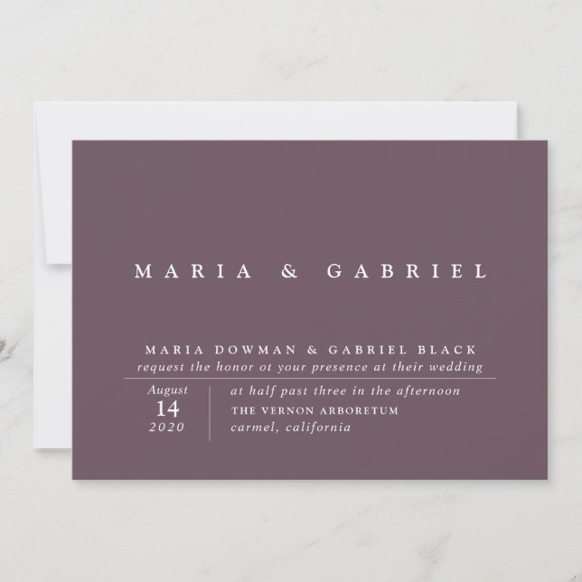 Invitation Mariage moderne de l'aubergine pourpre. Typographi (Devant)