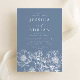 Invitation Mariage Moderne de Péonie en Ligne Art Bleu Poussi
