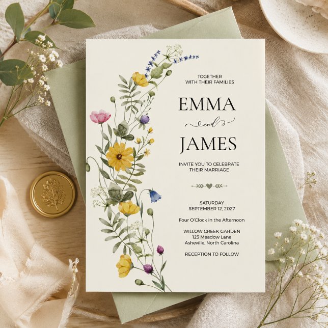 Invitation Mariage Moderne de Prairie aux Fleurs Sauvages Boh (Modern Wildflower, Meadow, Botanical Boho, Garden, Romantic, Floral, Watercolor, Nature wedding)