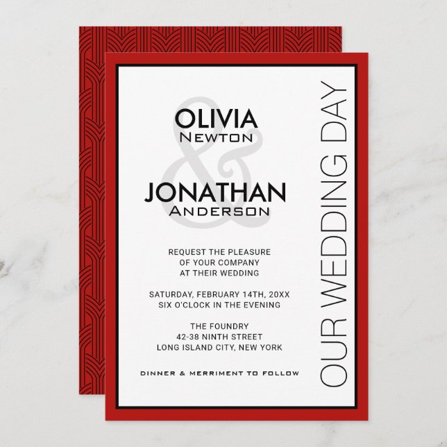Invitation Mariage moderne de style urbain avec accents rouge (Devant / Derrière)