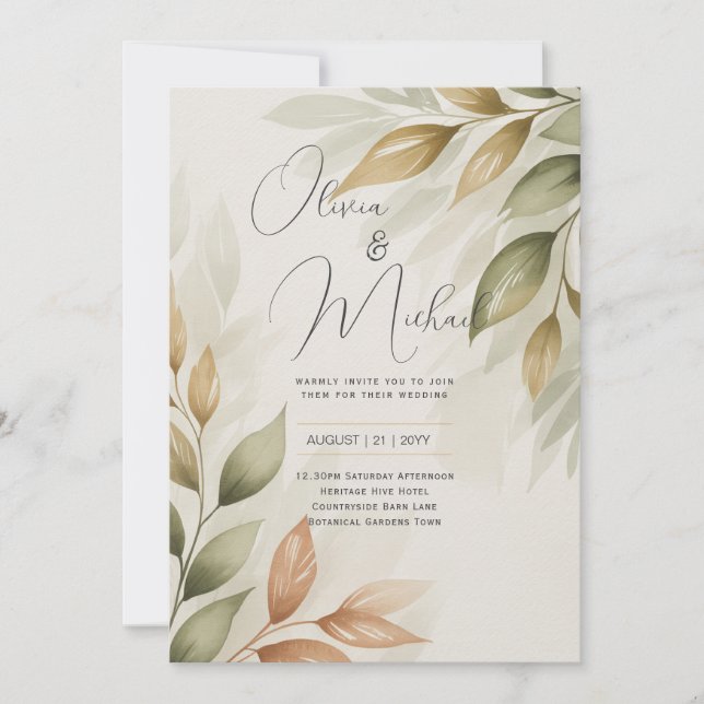 Invitation Mariage Moderne de Verdure Aquarelle Botanique Hér (Devant)