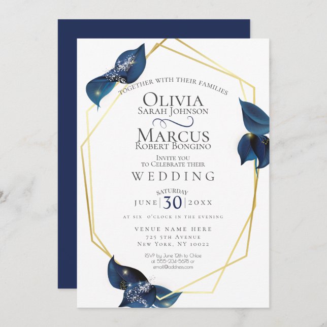 Invitation Mariage | Moderne Deep Indigo Bleu et Or (Devant / Derrière)