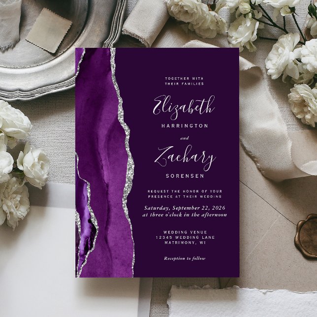 Invitation Mariage Moderne Deep Purple Agate Argent (Créateur téléchargé)