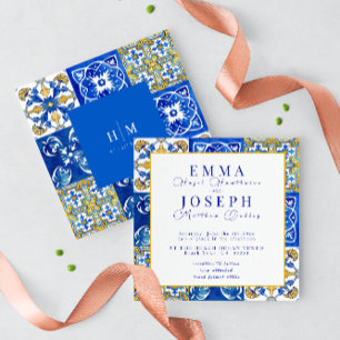 Invitation Mariage moderne d'été méditerranéen bleu bleu