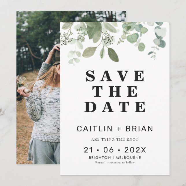 Invitation Mariage moderne d'Eucalyptus Sauvez La Date (Devant / Derrière)