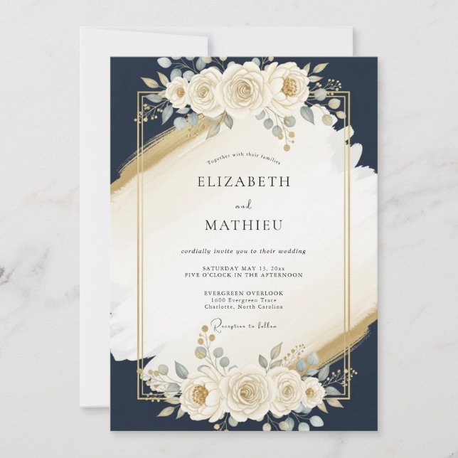 Invitation Mariage Moderne Doré Bleu Marine (Devant)