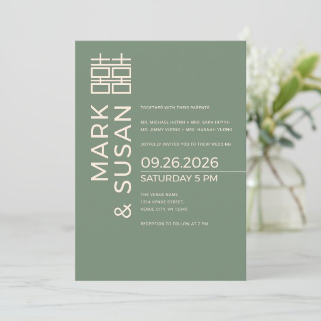 Invitation Mariage Moderne Double Bonheur Vert Sauge (Debout devant)