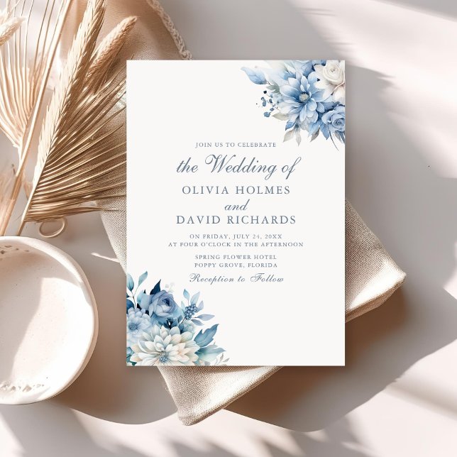Invitation Mariage moderne Dusty Blue and White Flowers (Modern Dusty Blue and White Flowers Wedding Invitation on a sunny neutral boho table.)