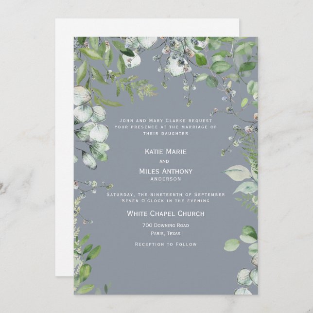 Invitation Mariage moderne Dusty Blue Eucalyptus (Devant / Derrière)